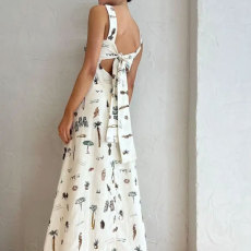 Plus Size Bow Tie Printed Backless Halter Maxi Dress GMAN-25105