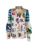 Plus Size Printed Lapel Single Breasted Lantern Sleeve Shirt GMAN-24631