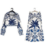 Plus Size Vintage Printed V-Neck Long Sleeve Long Skirt Set GMAN-28925