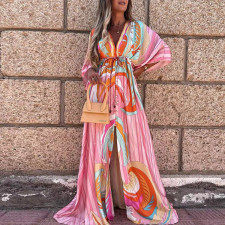 Plus Size Print V Neck Tie Up Maxi Dress GMAN-21383