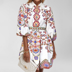 Plus Size V-Neck Lantern Sleeve Printed Dress GMAN-28830