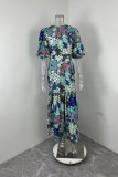 Plus Size Lantern Sleeve Printed Long Dress GMAN-29013