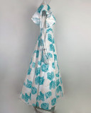 Plus Size V Neck Print Ruffles Sleeve Maxi Dress GMAN-9040