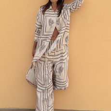 Plus Size Long Sleeve Print Shirt Loungewear Pants Suit GMAN-28613