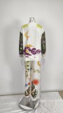 Plus Size Casual Print V Neck Shirt Wide Leg Pants Suit GMAN-28308