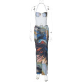Printed Drawstring Top Tie Long Skirt 2 Piece Set GLAG-S4917380G