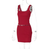 Lace Camisole Square Neck Top Solid Color Skirt Set GLAG-S4917379G