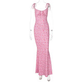 Sexy Print Tie Up Sling Maxi Dress GLAG-D248395G