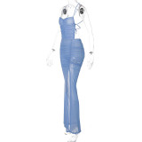 Solid Color Backless Split Mesh Dress GLAG-D155288G