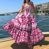 Plus Size Printed Square Neck Halter Pleated Maxi Dress GMAN-25058