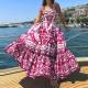Plus Size Printed Square Neck Halter Pleated Maxi Dress GMAN-25058