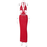 Halterneck Wrap Hollow Out Splicing Lace-Up Dress GLAG-D2C11228G