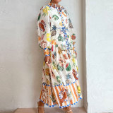 Plus Size Tie Printed High Waist v-Neck Long Sleeve Dress GMAN-24537