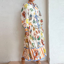 Plus Size Tie Printed High Waist v-Neck Long Sleeve Dress GMAN-24537