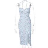 Sexy Print Off Shoulder Halterneck Split Midi Dress GLAG-D155177G