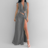 Plus Size Solid Color V Neck Hollow Out Maxi Dress GMAN-28175