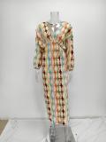 Plus Size Printed V-Neck Lantern Half Sleeve Midi Dress GMAN-28208