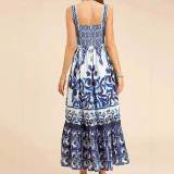 Plus Size Printed Square Neck Halter Pleated Maxi Dress GMAN-25058