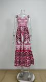 Plus Size Printed Square Neck Halter Pleated Maxi Dress GMAN-25058