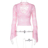 Deep V Neck Solid Color Lace Tops GLAG-T3C15100G