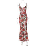 Sexy Print V Neck Sling Tops Long Skrits Suit  GLAG-S4516371G