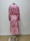 Plus Size Print Lapel Shirt Long Skirts 2 Piece Set GMAN-28523