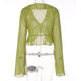 Tie Up Deep V Neck Long Sleeve Tops GLAG-T1A6820G