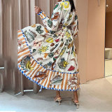 Plus Size Tie Printed High Waist v-Neck Long Sleeve Dress GMAN-24537