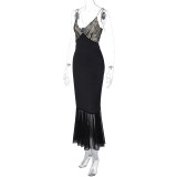 Sexy Patchwork Lace Slin Mesh Midi Dress GLAG-D3914328G