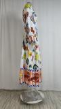 Plus Size Tie Printed High Waist v-Neck Long Sleeve Dress GMAN-24537