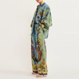 Plus Size Printed Lantern Sleeve Wide Leg  Pants Fashion Suit GMAN-24930