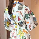 Plus Size Tie Printed High Waist v-Neck Long Sleeve Dress GMAN-24537