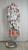 Plus Size Tie Printed High Waist v-Neck Long Sleeve Dress GMAN-24537