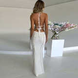 Halterneck Wrap Hollow Out Splicing Lace-Up Dress GLAG-D2C11228G