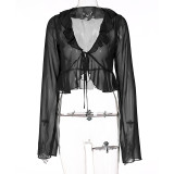 Tie Up Deep V Neck Long Sleeve Tops GLAG-T1A6820G