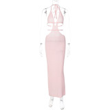 Halterneck Wrap Hollow Out Splicing Lace-Up Dress GLAG-D2C11228G