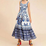 Plus Size Printed Square Neck Halter Pleated Maxi Dress GMAN-25058