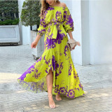 Plus Size Print Slash Shoulder Lantern Sleeve Maxi Dress GMAN-8686