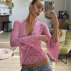 Deep V Neck Solid Color Lace Tops GLAG-T3C15100G