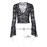 Deep V Neck Solid Color Lace Tops GLAG-T3C15100G