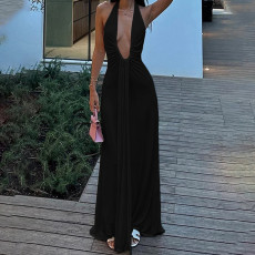 Plus Size Deep V Neck Backless Halterneck Maxi Dress GMAN-28901