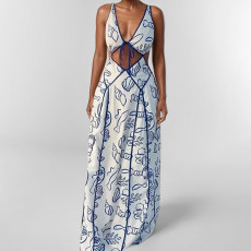 Plus Size Sexy Halterneck Print Hollow Out Maxi Dress GMAN-29027