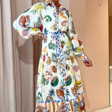 Plus Size Tie Printed High Waist v-Neck Long Sleeve Dress GMAN-24537