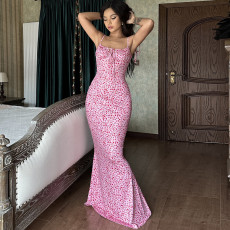Sexy Print Tie Up Sling Maxi Dress GLAG-D248395G