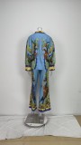Plus Size Printed Lantern Sleeve Wide Leg  Pants Fashion Suit GMAN-24930