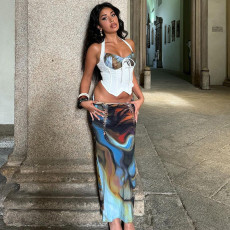 Printed Drawstring Top Tie Long Skirt 2 Piece Set GLAG-S4917380G