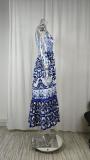 Plus Size Printed Square Neck Halter Pleated Maxi Dress GMAN-25058