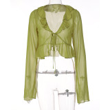 Tie Up Deep V Neck Long Sleeve Tops GLAG-T1A6820G