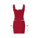 Lace Camisole Square Neck Top Solid Color Skirt Set GLAG-S4917379G