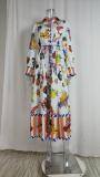 Plus Size Tie Printed High Waist v-Neck Long Sleeve Dress GMAN-24537